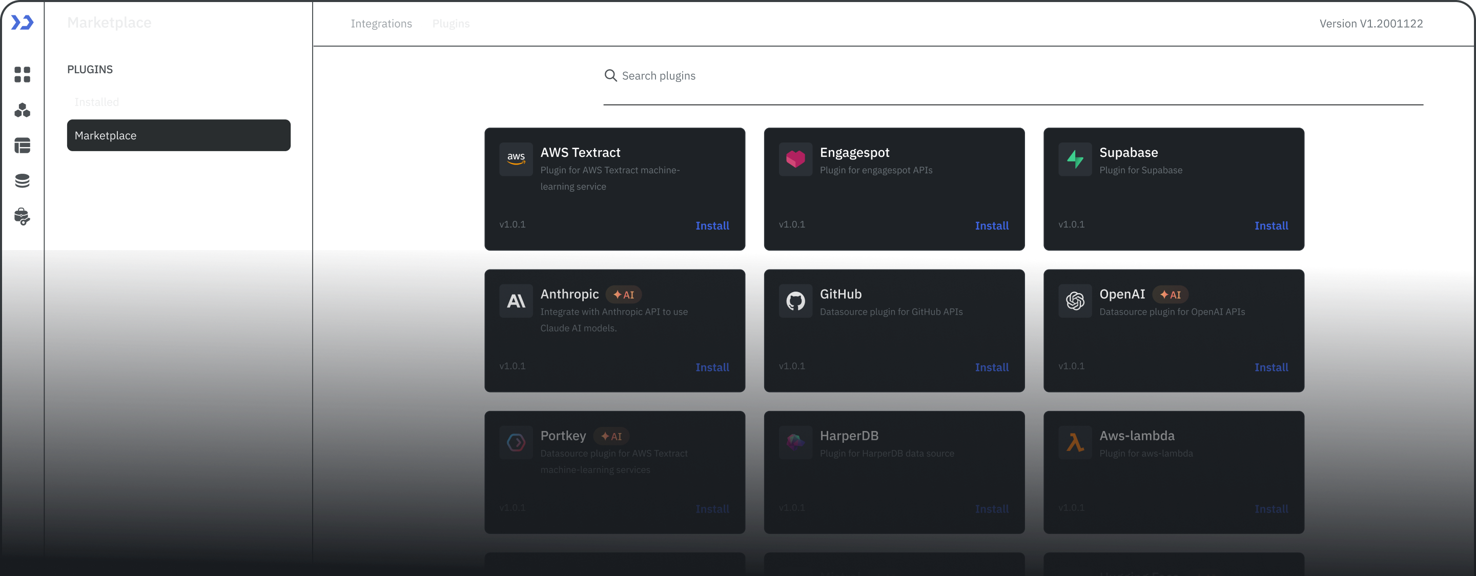 ToolJet marketplace showing available plugins