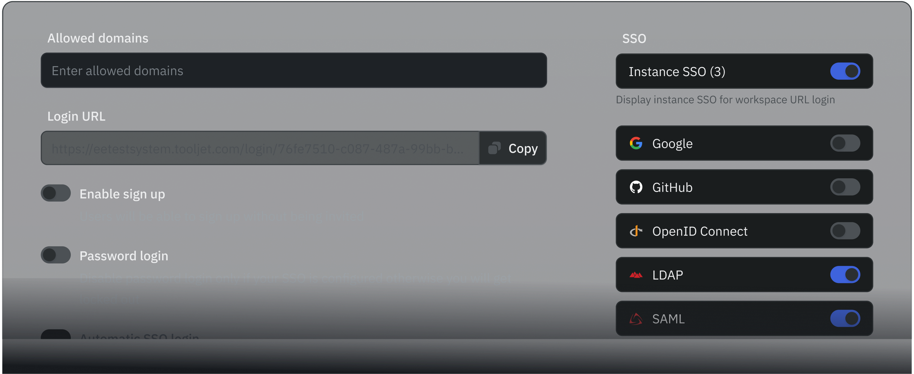 SSO configuration interface