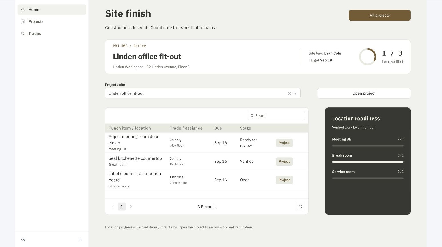 Site finish construction punch list dashboard. A mineral-and-bronze site workspace with project and location context, a verified-work ring, readable punch items, and room-by-room readiness.