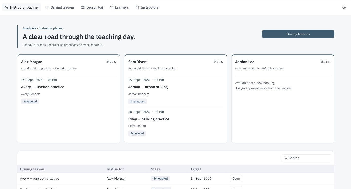 Roadwise driving school management dashboard showing instructor lanes with lesson times and skill evidence