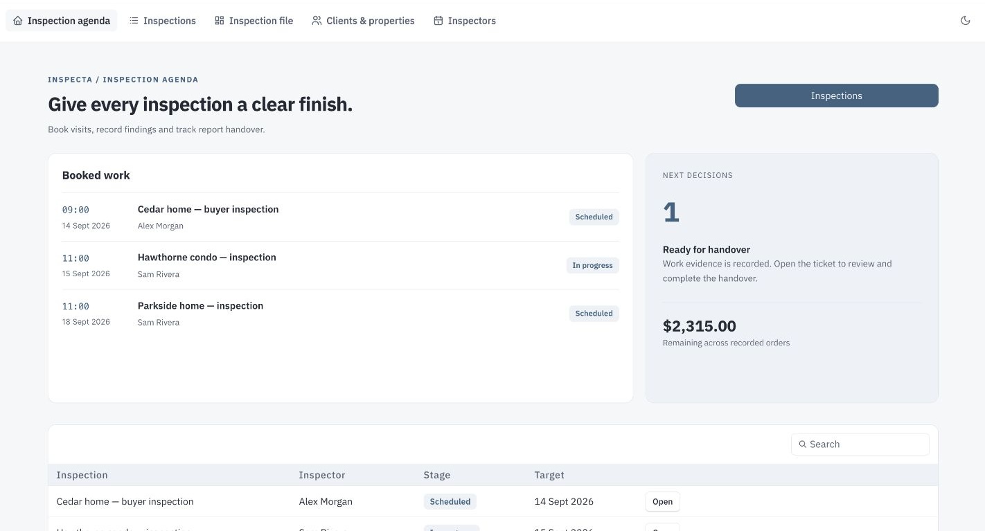 Inspecta home inspection management dashboard showing appointment agenda with report readiness and client balances