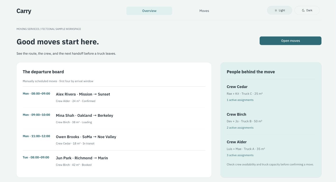 Carry moving company dashboard with a move-day departure board and crew workload panel
